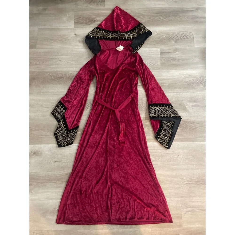 Vintage Deceptions by Disguise Burgundy Medieval Hooded Velvet Dress Jr 9